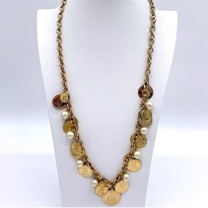Vintage VN Balboa Spanish Coin Charm Necklace Gold Tone Faux Pearl Statement